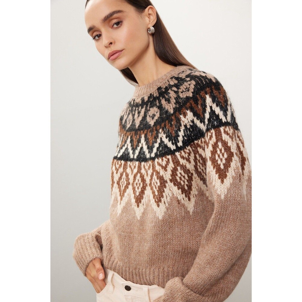 Slate & Willow Fair Isle Knit Crewneck Sweater Brown Taupe